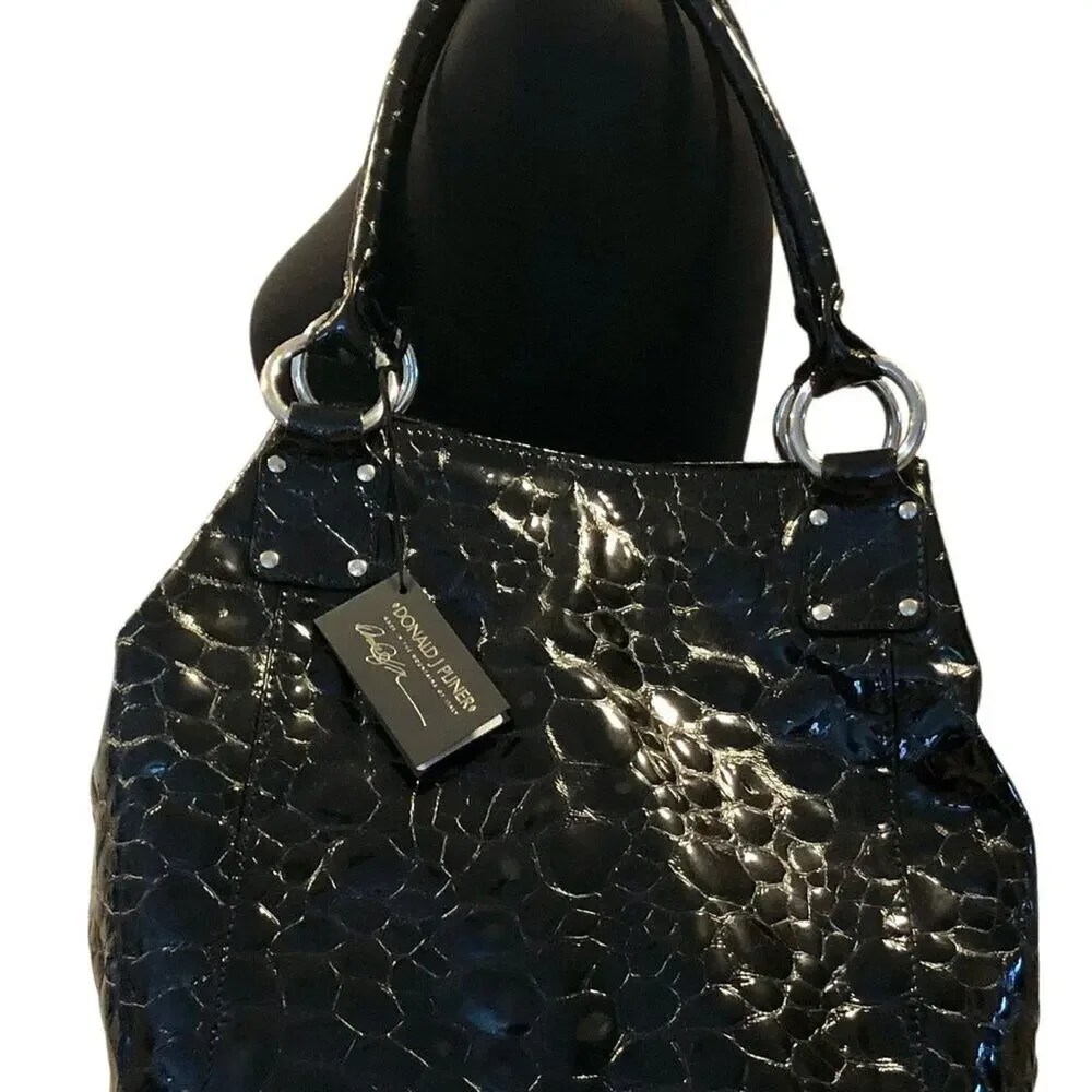 Donald Pliner Black Tortoise Leather Purse Handbag New Large Tote Shopper $795